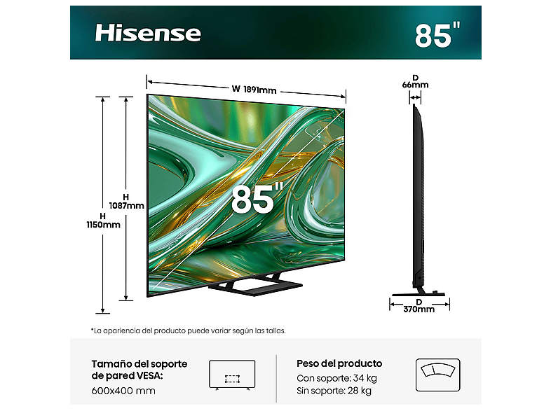 HISENSE TV Mini LED 85" UHD 4K (mod. 85E8S) en color Negro — foto 4