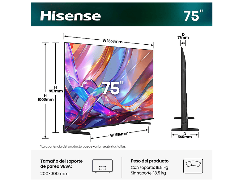 HISENSE TV QLED 75" en color Negro (mod. 75E7S) — foto 4