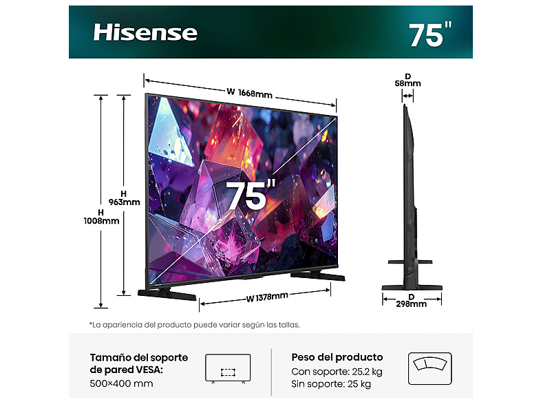 TV QLED 75" HISENSE — QLED 4K y 144Hz Nativos (mod. 75E7S PRO) — foto 4