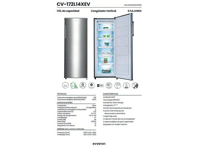 INFINITON Congelador vertical en color Inox (mod. CV-172L14XEV) — foto 3